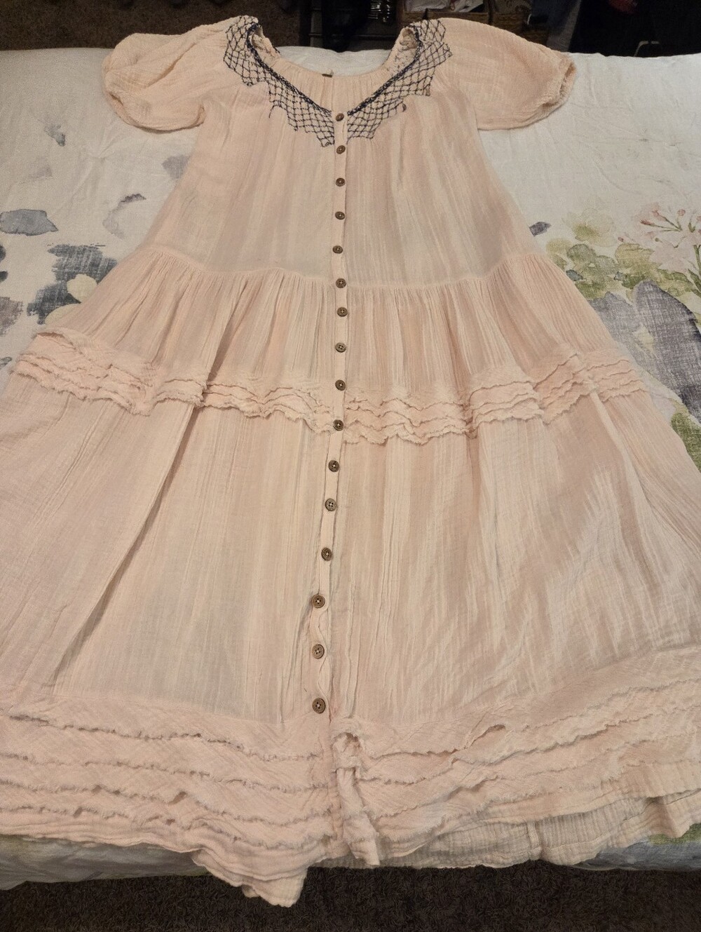 FREE PEOPLE Sunday Stroll Light Pink Smocked Embroidered Tiered Gauzy Maxi Dress - Picture 9 of 16